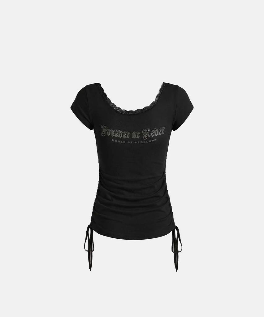 BADBLOOD Rhinestone Emblem Lace Deep Round 1/2 T-Shirt - Black