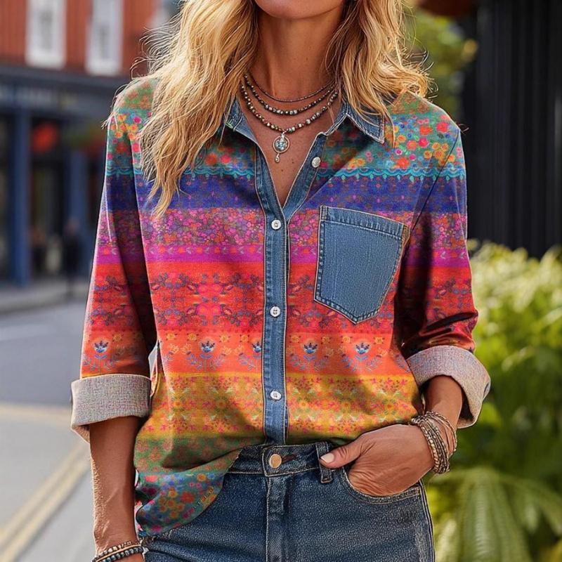 2026 Fashionable Versatile Printed Patchwork Women's Casual Long Sleeve Shirt 2026 Spring New Style