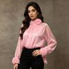 Elegante locker geschnittene Bluse mit 3D-Blumenapplikation durchsichtigem Netzstoffkragen Französischer Chic Stil Damen