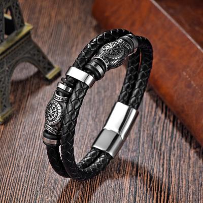 Mens Viking Compass Rune Amulet Beads Stainless Steel Double Strand Leather Bracelet Homme Pulseras