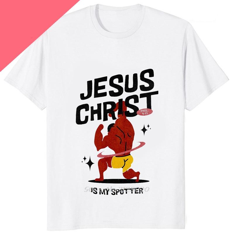 Lustiges Jesus Ist Mein Spotter Aufgedrucktes Grafik-Baumwoll-Herren-T-Shirt Humor Gewichtheben GYM T-Shirt Lässige Mode Streetwear Herren-T-Shirts