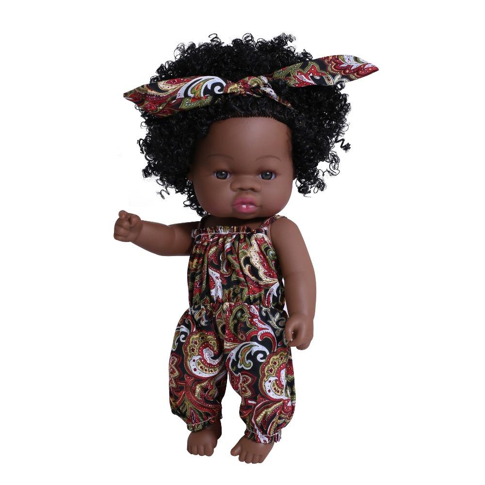 33cm Full Silicone Body Reborn Baby Doll Toys Dark Black Brown Skin Optional Rebirth Doll Lifelike Curly Hair Newborn Doll for Kids Birthday Xmas Gift
