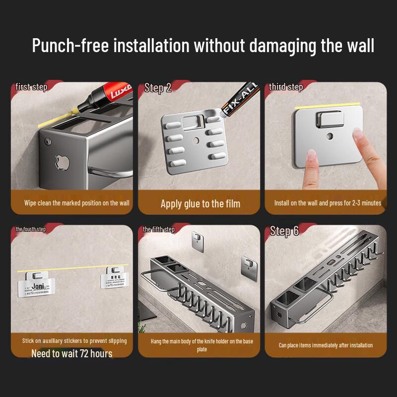 50cm Multifunctional Punch-Free Kitchen Knife Holder with Chopstick Caddy
