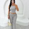Women's Slim Fit Two-piece Matching Outfit Sleeveless Crew Neck Crop Tank Top Ruched High Waist Flare Pants Tracksuit