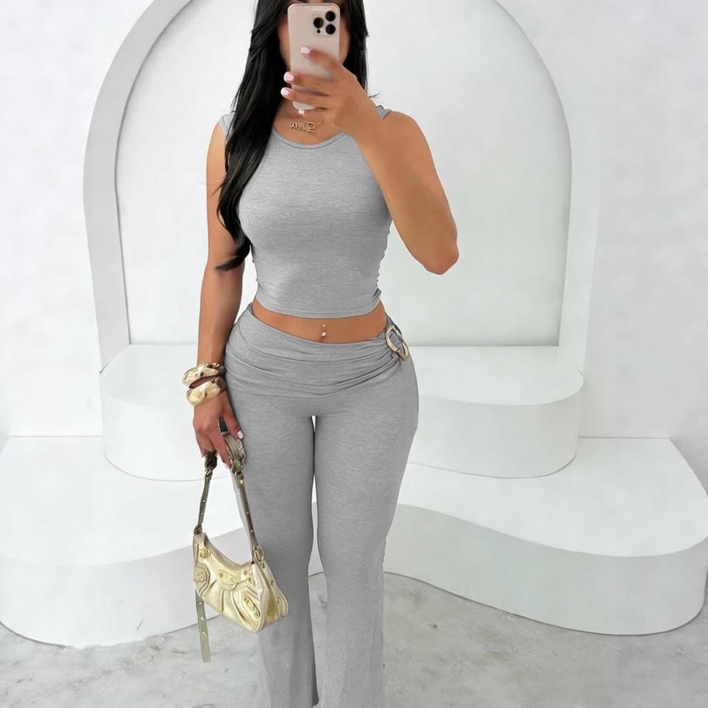 Women's Slim Fit Two-piece Matching Outfit Sleeveless Crew Neck Crop Tank Top Ruched High Waist Flare Pants Tracksuit