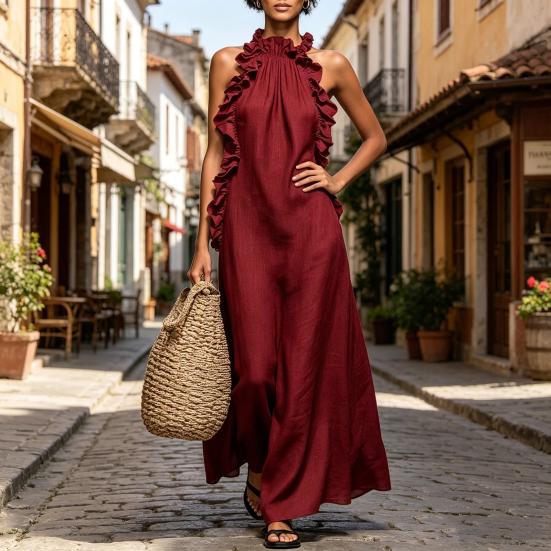 Summer Maxi Dress for Women Ruffle Halter Sleeveless Long A-Line Dress Casual Beach Vacation Flowy Sundress
