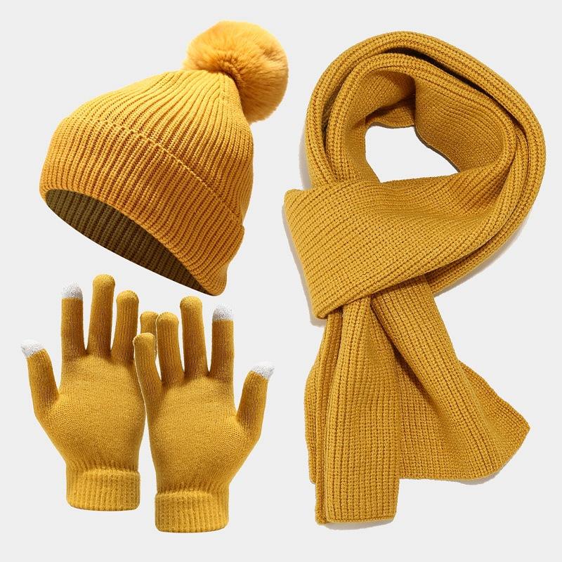 Autumn and Winter New Women's Knitted Hat Scarf Gloves Three-piece Outdoor Thickened Warm Hairball Wool Hat Set