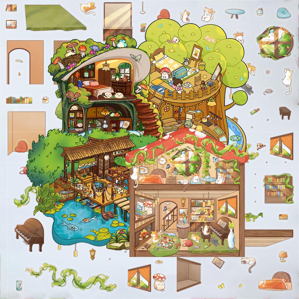 Cartoon Landscape Sticker Cat House Scene 3D Three-dimensional House Unzip DIY Scene Handbook Sticker