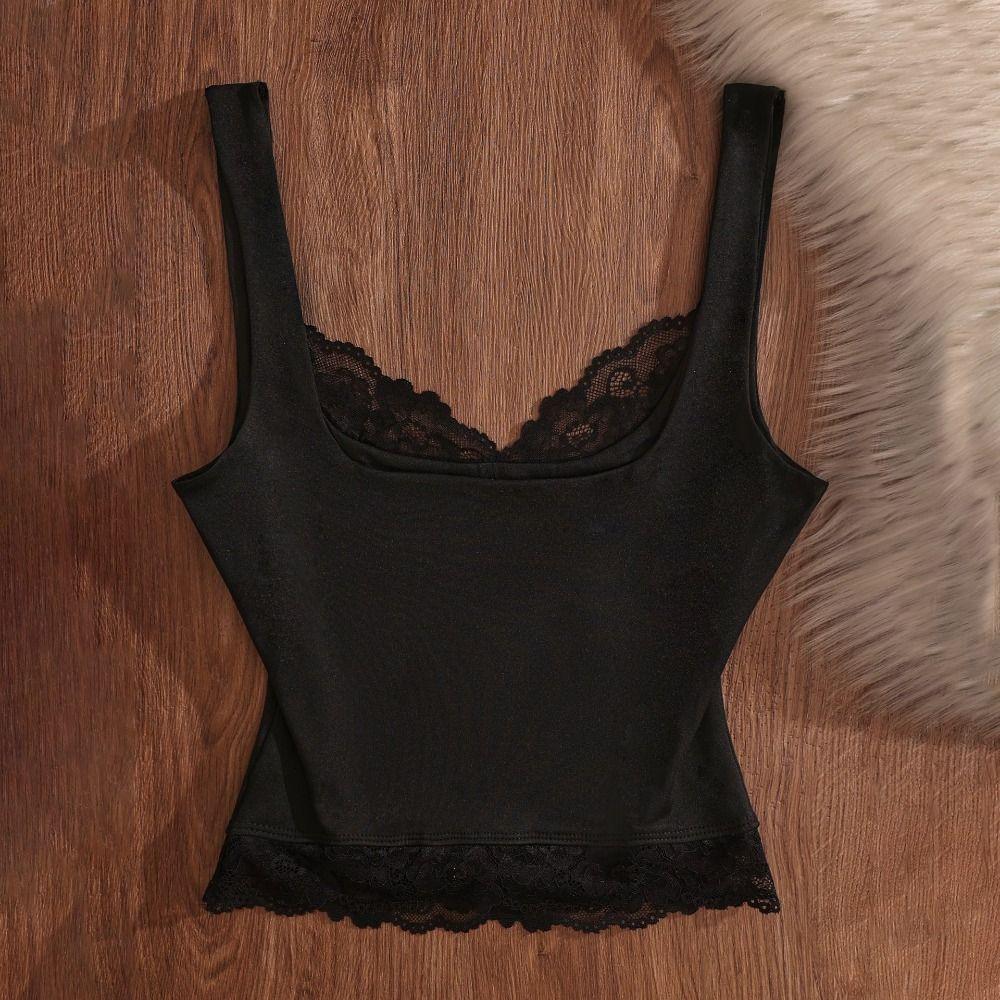 Solid Color Slim Lace Crop Top Patchwork Lace Sling Tank Ins Style Spaghetti Y2k Top Beach