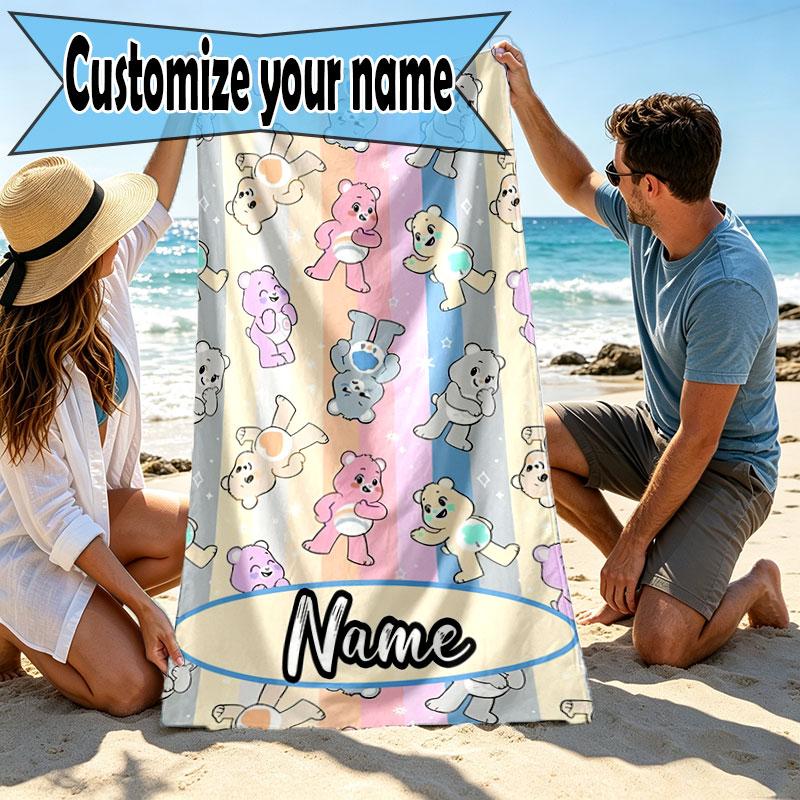 Custom Name Personalized Care Bears Print Beach Towel, for Trip Camping Beach Party Home Decor, Birthday Gift for Family & Friends