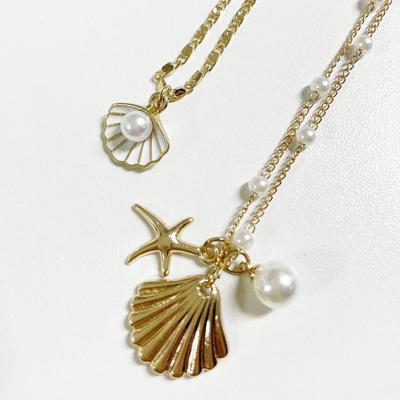 2pcs Set Fashion Boho Gold Color Marine Shell Starfish Pendant Pearl Chain Multi-layer Fold Wear Necklace for Women Jewelry Sets
