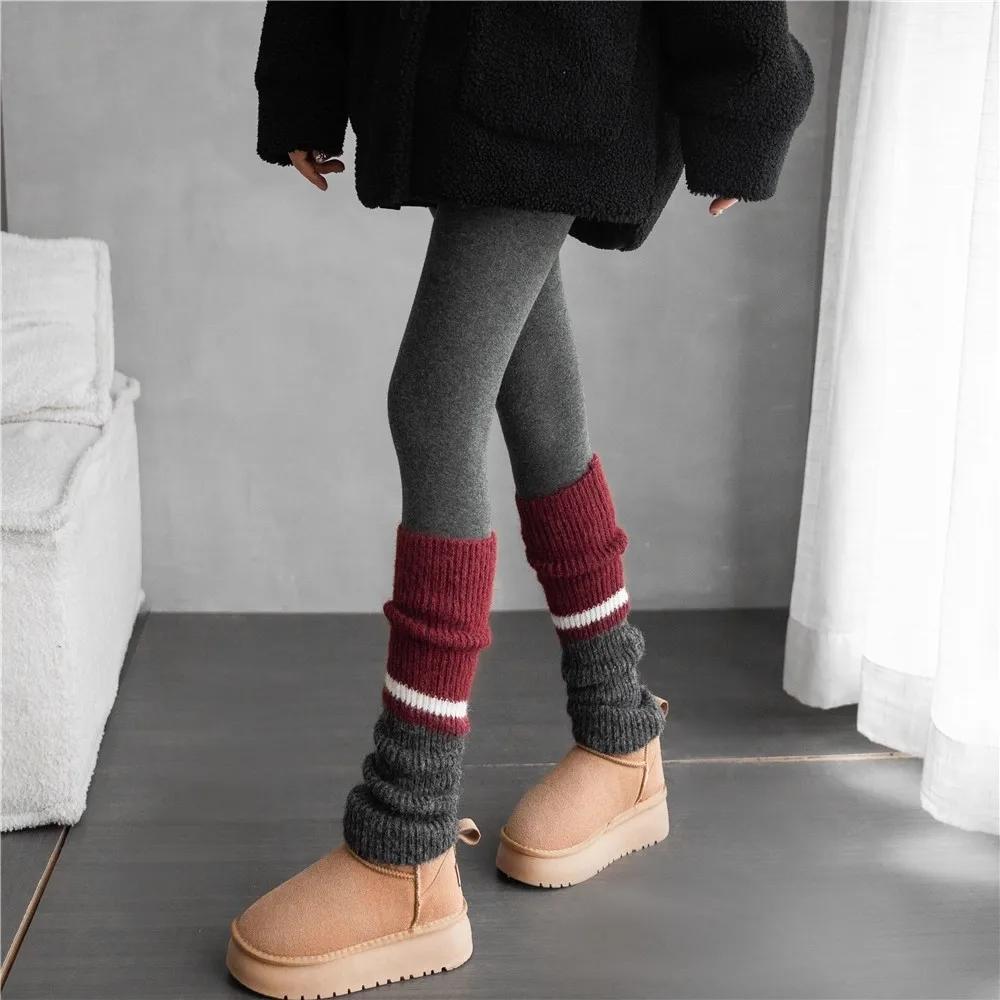 2pairs American Retro Cashmere Color Blocking Long Sock Winter Warm Knitted Leg Warmers for Women Lolita JK Boot Cover Stockings