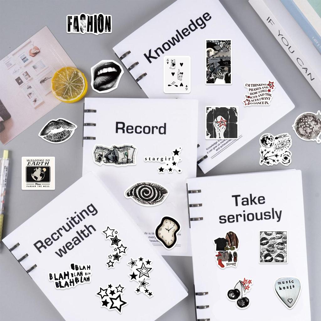 50 Y2K Black & White Retro Journal Stickers - Waterproof Cute DIY Decoration for Suitcase & Guitar