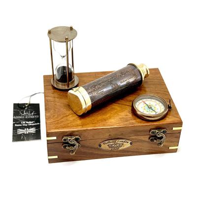 Nautical Gift Set, Personalised Gift, Custom Engraved Gift, Telescope, Brass Compass, Brass Hourglass, Sand Timer Antique Nautical Gift Set.