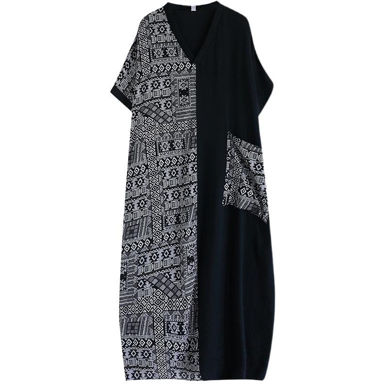 Summer Thin Cotton Linen Artistic Loose Slimming V-neck Short Sleeved Mid Length Dress for Women