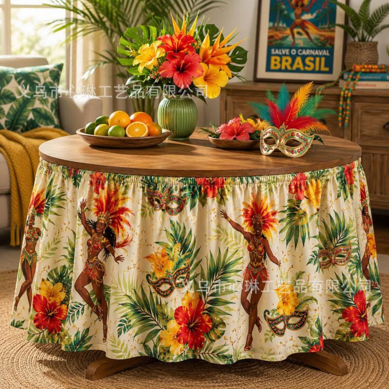 Tropical Plant Print Round Tablecloth Carnival Party Decor Festive Table Skirt In Geometric Abstract Design