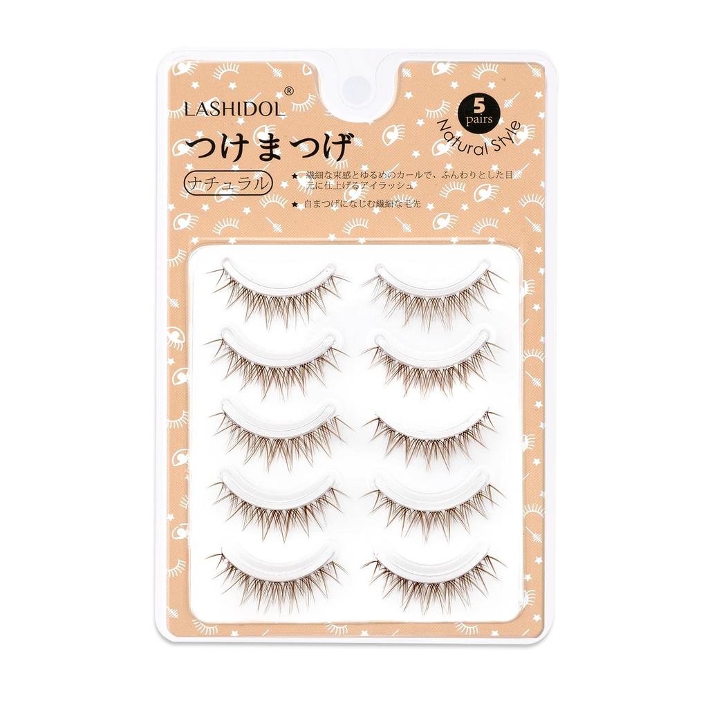 LASHIDOL Brown False 5 Natural Thin Transparent DIY Natural Clumped Idol Style Eyelashes, Pairs, Look, Band, Style, Look, Beginner-Friendly, Cute,