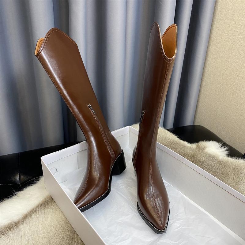 Cowhide version~ leather V-mouth western cowboy boots women's high heel pointed knight boots long boots high boots zipper long boots