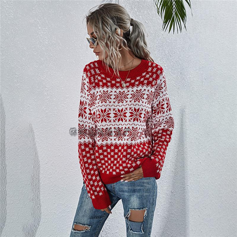 Snowflake pattern splicing knitted sweater women's 2020 winter European and American style commuting loose pullover acrylic sweater