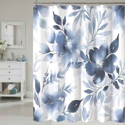 Floral Shower Curtain, Blue Watercolor Flower Shower Curtains for Bathroom, Modern Minimalist Waterproof Fabric Bath Curtain