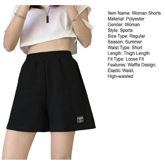 Kurze Hose mit elastischer Taille und Waffel-Design, hohe Taille, lockeres Polyester, Sommer, weites Bein, Sweatshorts für Damen