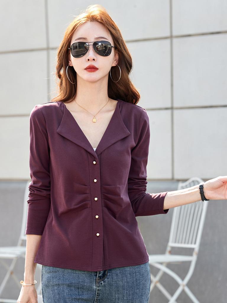 Cotton T Shirt Office Woman Spring Casual Long Sleeve Lapel T-shirt Autumn Loose Korean Style Plus Size Female Shirts