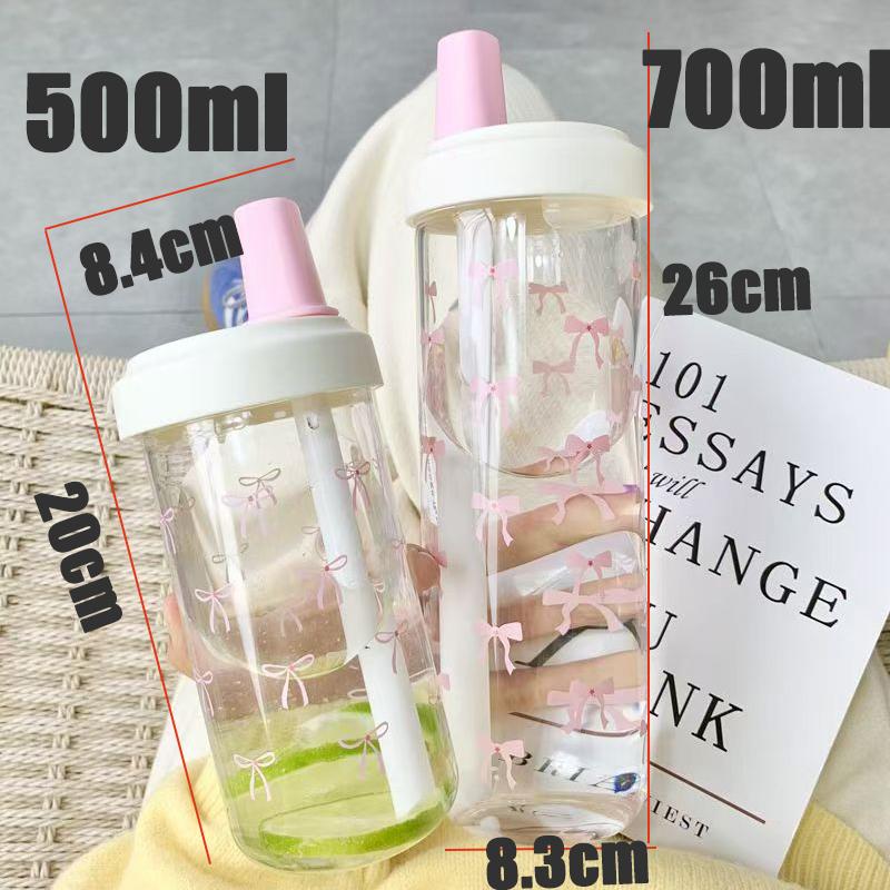 Pink Bow Straw Water Bottle With Lid Cute Bubble Milk Tea Drinks Cup Portable Plastic Coffee Cup Outdoor Students Water Bottle