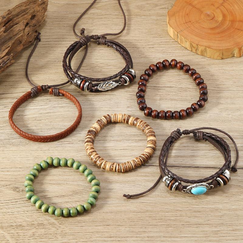 Sommer neues heiß verkaufendes literarisches und retro türkisfarbenes Blätter Holzperlen Perlen personalisiertes handgewebtes Lederarmband