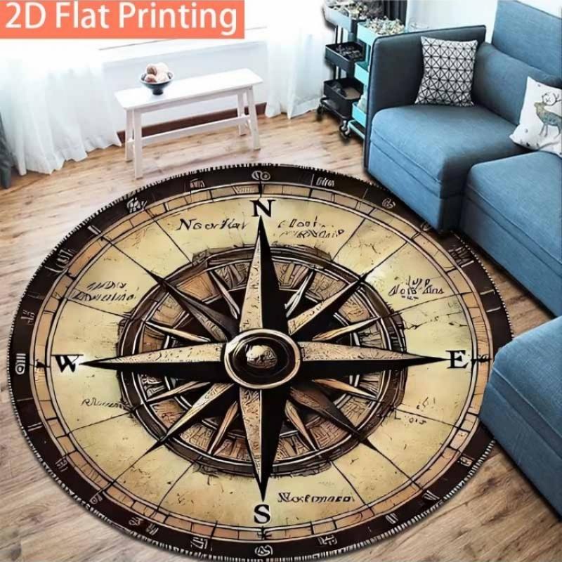 Vintage Nautische Kompasroos Rond Tapijt, Oud Perkament Antiek Navigatie Print Vloerkleed voor Bank Slaapkamer Jachtkamer Binnen 60cm-24in