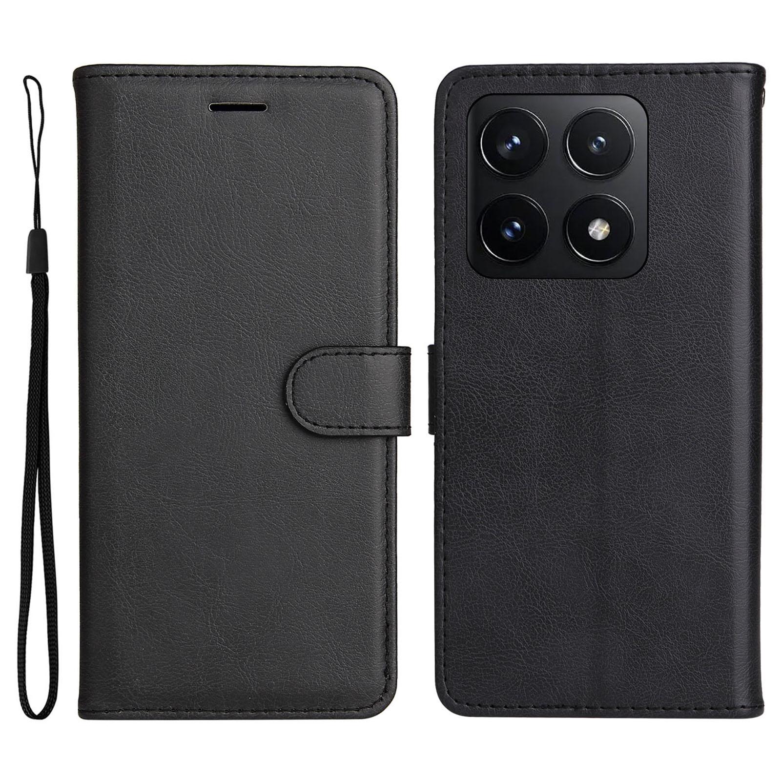 

For Xiaomi 14T Case Solid Color Leather Mobile Cover Wallet Stand with Strap Black