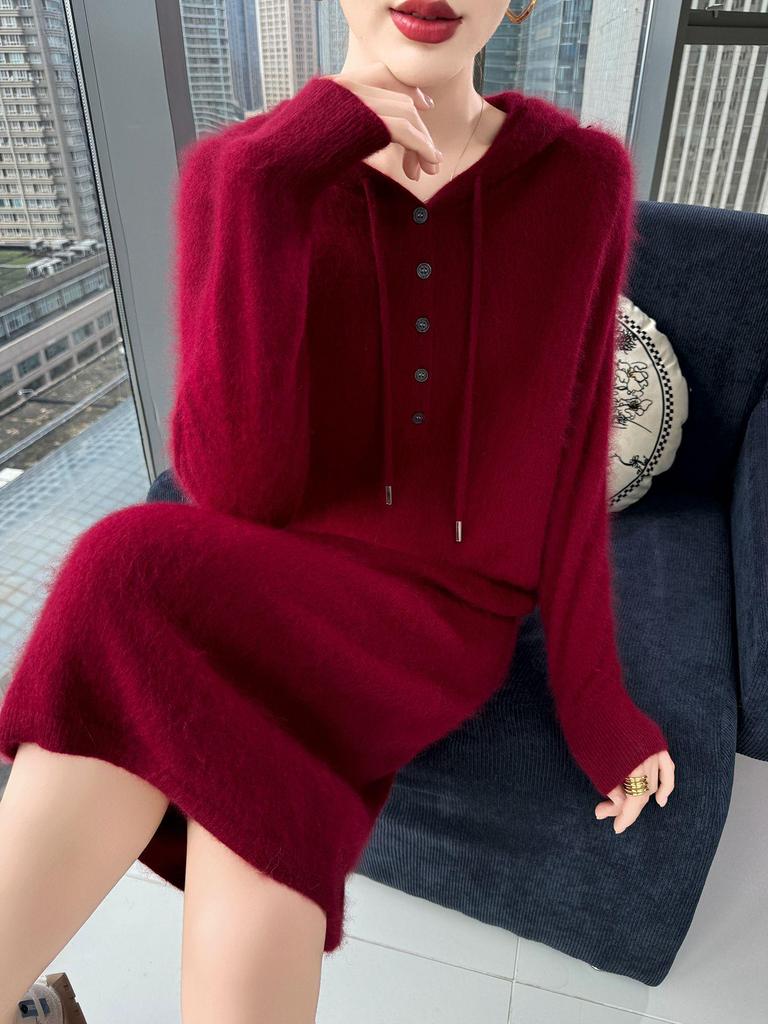 Versatile Hooded Knitted Dress - Autumn/Winter 2025: Slimming, Loose, Long Dress Shirt.