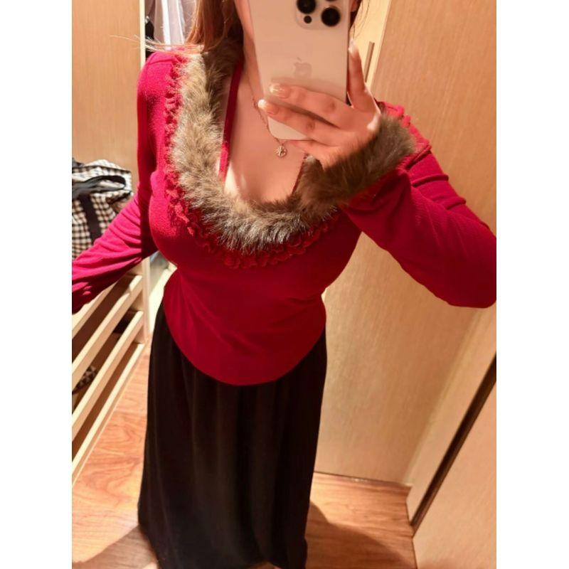100kg New Year Christmas Red V-Neck Plush Lace-Up Slimming Long-Sleeve T-Shirt Plus Size Women s Fashion Red L(Plus Size)
