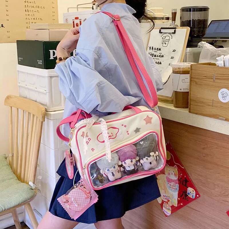 Y2K Cute Denim Ita Bag Girl Transparent Messenger Bag Women Fashion Shoulder Crossbody Bag Lady DIY Badge Totebag Lolita Handbag