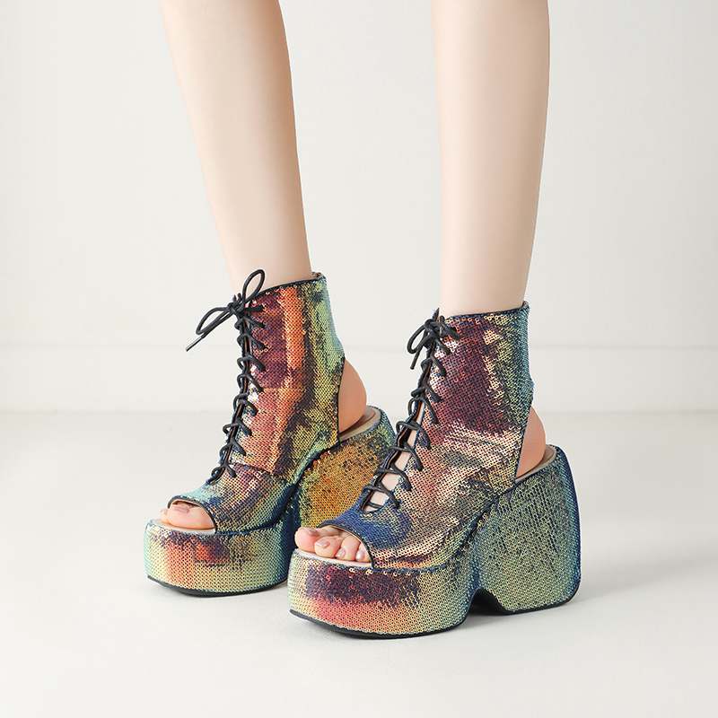 Krazing Pot Sequin Cloth Spring Summer Size 43 Size 42 Women Platform Women Peep Toe Toe Sexy Summer Boots Lace Up Pumps