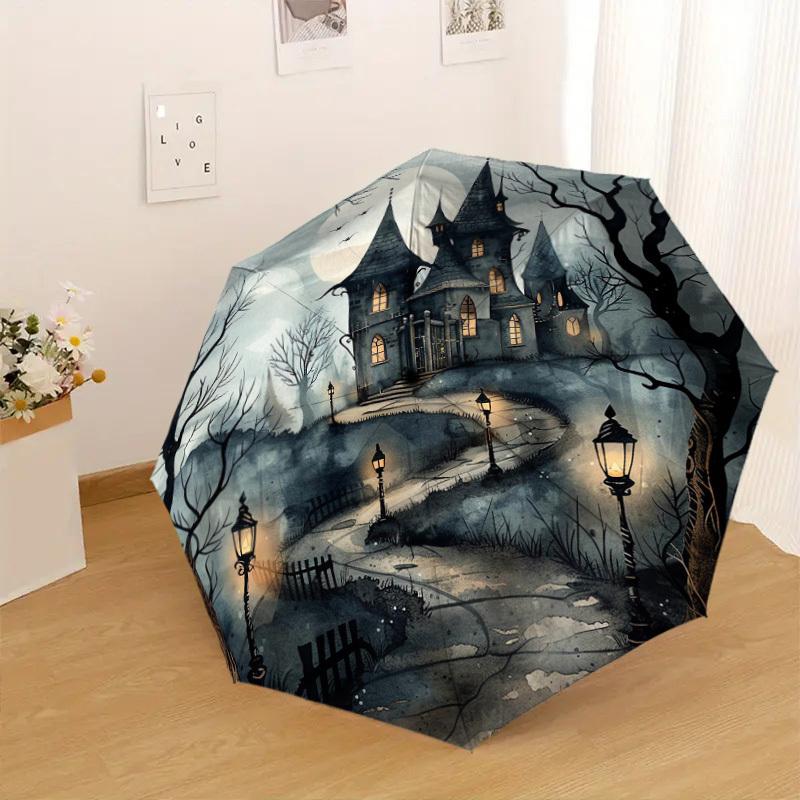 1pc Haunted House Spooky Night Pattern Umbrella Automatic Opening and Closing Umbrella, High-quality Travel Umbrella, Lightweight and Portable, -43