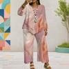 Women Plus Size Two Piece Set Round Neck Long Sleeve Printed Layered Top Wide Leg Cropped Pants