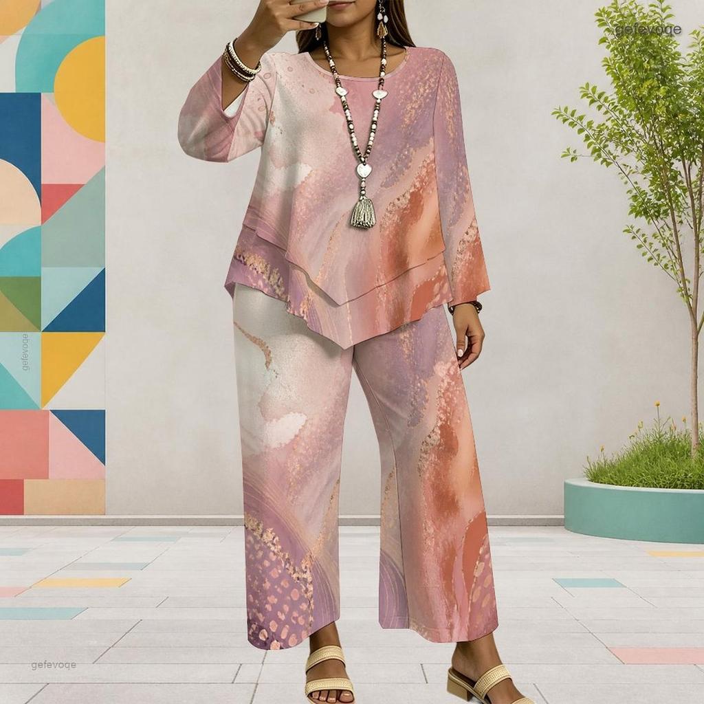 Women Plus Size Two Piece Set Round Neck Long Sleeve Printed Layered Top Wide Leg Cropped Pants