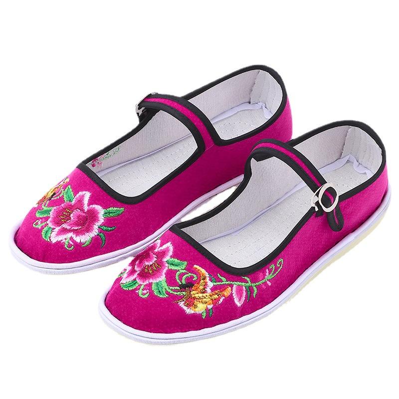 Cow tendon sole old Beijing embroidered cloth shoes handmade online one-word belt women's retro embroidery ethnic style flat bottom
