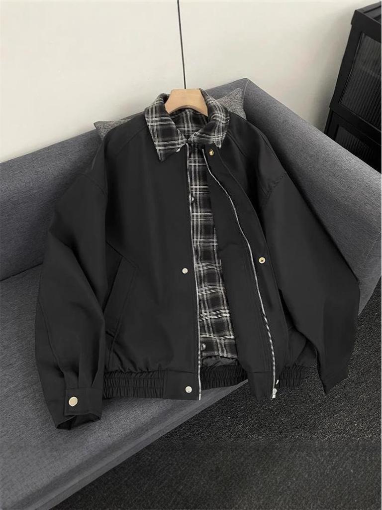 Men's Retro Plaid Patchwork Flight Jacket - Brown Casual Baseball Style