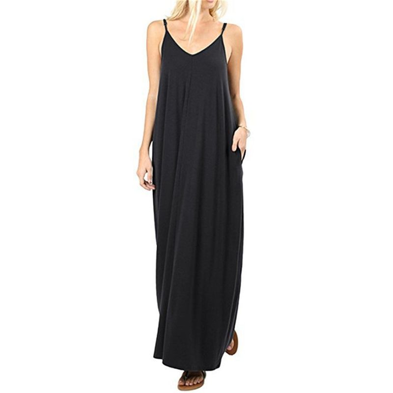 Women's Solid Color Loose Pocket Long Skirt Pure Color Loose Pockets Long Dress