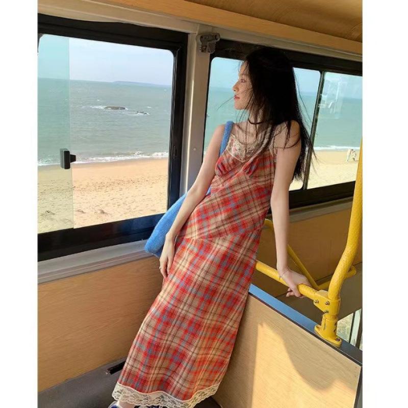 Plaid dress summer new lace V-neck slim fit high waist coffee break plaid suspender dress women S
