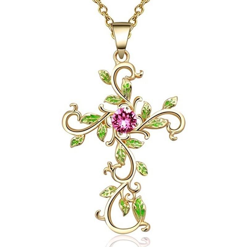 Flower Cross Pendant Necklace Earrings Jewelry Set for Women Gifts
