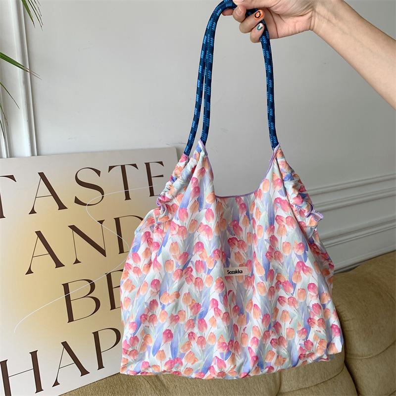 3 Summer Large-capacity Shoulder Bag, Drawstring Shopping Bag, Fresh Floral Tote Bag, Underarm Bag.
