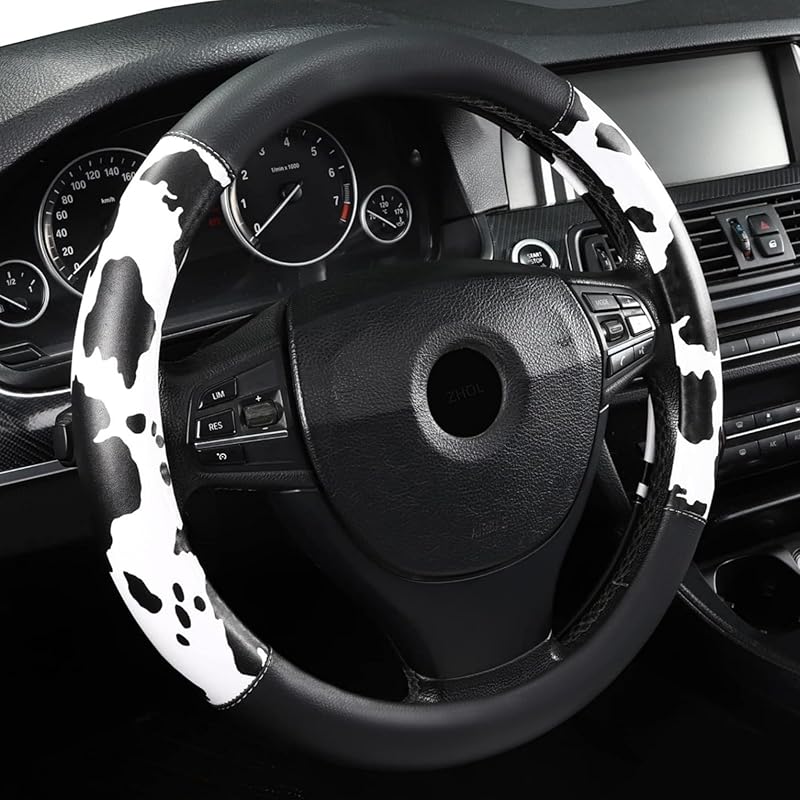 Cow Print Steering Wheel Cover, Universal 14.5-15 Inch Breathable Microfiber Leather Anti-Slip Car Steering Wheel Protector For Women Men,
