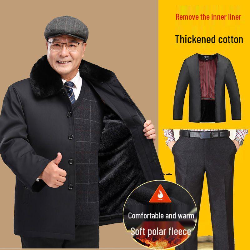 Fleece-Lined Cotton Jacket for Middle-Aged to Elderly Men: Winter Coat for 60, 70, and 80-Year-Olds.