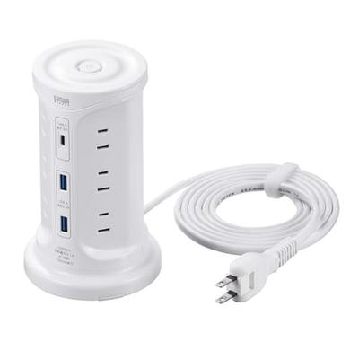 Sanwa Direct Tower Power Strip, 12 Outlets, 2 USB-A Ports, 1 USB-C Port, 2m Swing Plug, USB Charging Extension Cord with Master Switch, White, 700-TAP