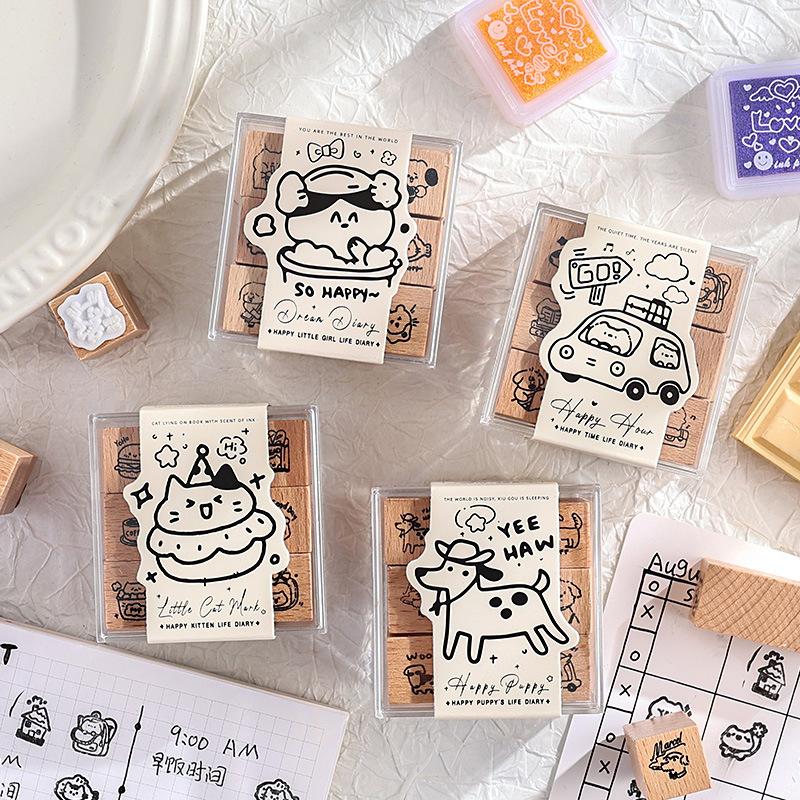 9 Pcs Wooden Journal Stamps Set, Cartoon Character Seals, Adorable Scrapbooking Supplies