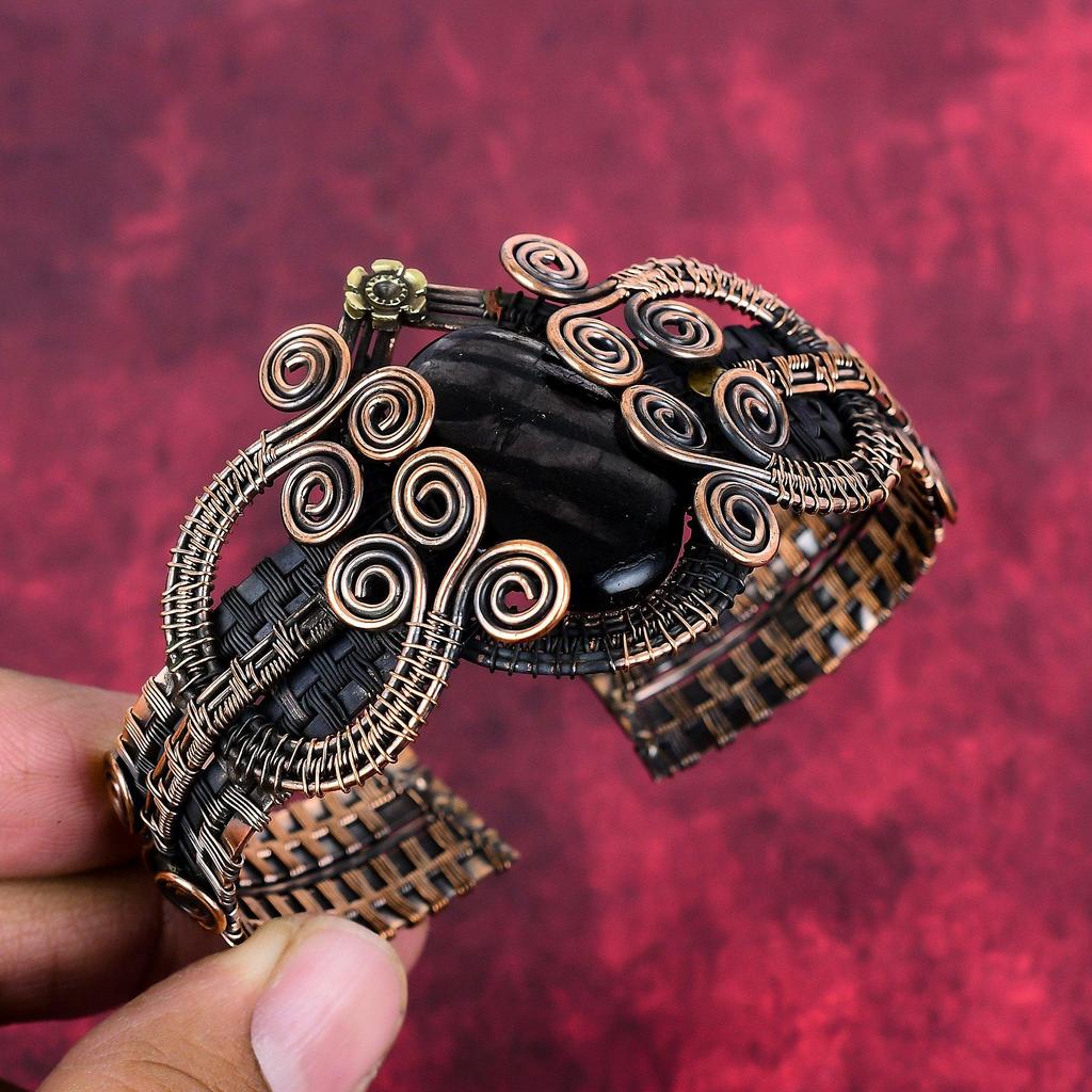 Hypersthene bangle copper wire wrapped adjustable cuff bracelet copper jewelry real gemstone handmade bangle wire wrap jewelry gifts for mom