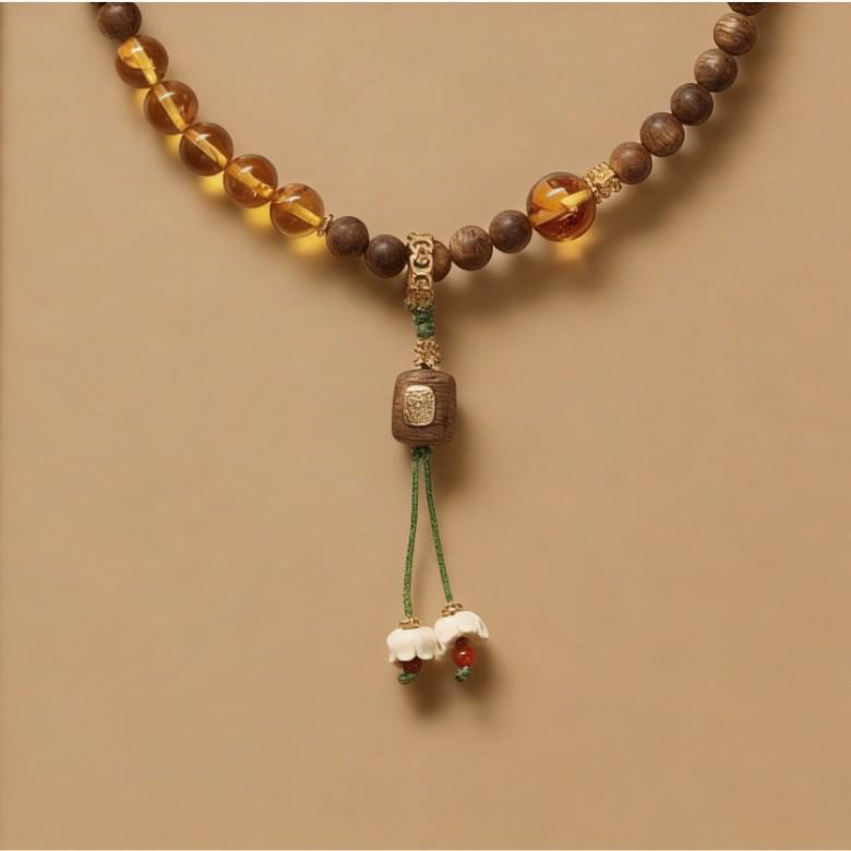 6mm Hainan Agarwood Pendant Charm Bracelet with Amber Zen Style Ornaments