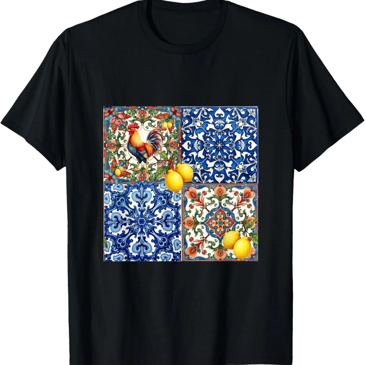 Петух, итальянский стиль, цитрусовые, лимон, фольклорный узор, Футболка S чёрный